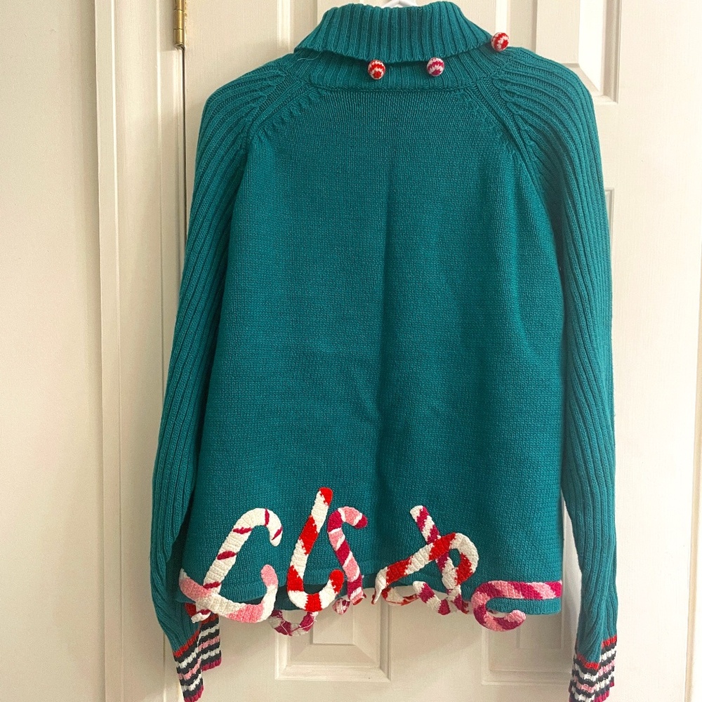 Vintage Lisa Nichols Teal Candy Cane Pom Pom Ugly Christmas Sweater